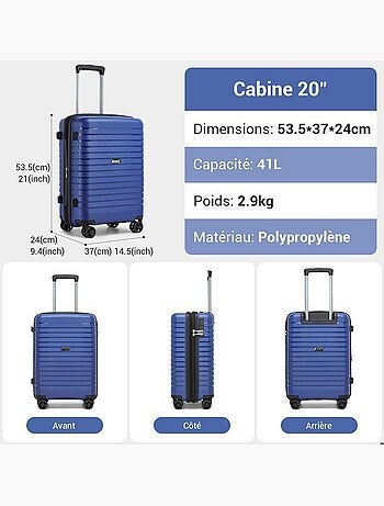 Set de 2 valises - 53+65 cm, rigide, extensible, 4 roues, serrure tsa - kono