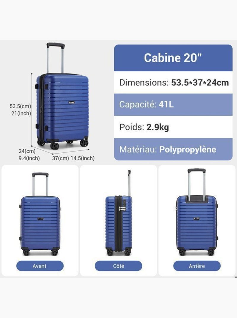 Set de 2 valises - 53+65 cm, rigide, extensible, 4 roues, serrure tsa - kono Bleu - Kiabi