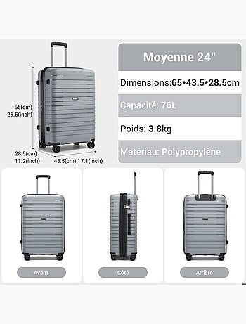 Set de 2 valises - 53+65 cm, rigide, extensible, 4 roues, serrure tsa - kono