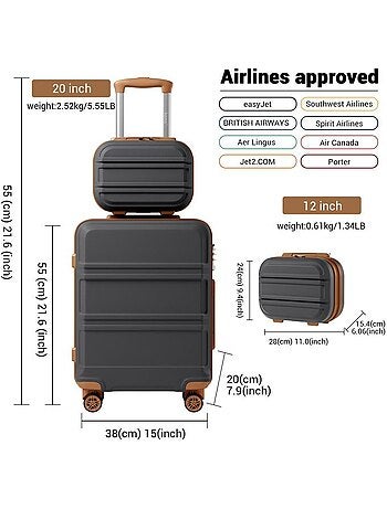 Set de 2 valises - 55x38x20 cm abs+pc 4 roulettes serrure tsa - kono