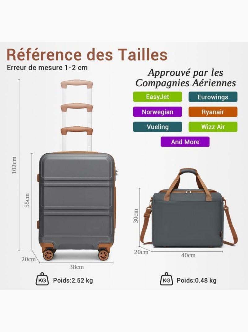 Set de 2 valises - 55x38x20 cm, rigide abs + pc, 4 roues 360°, serrure tsa - kono Gris - Kiabi