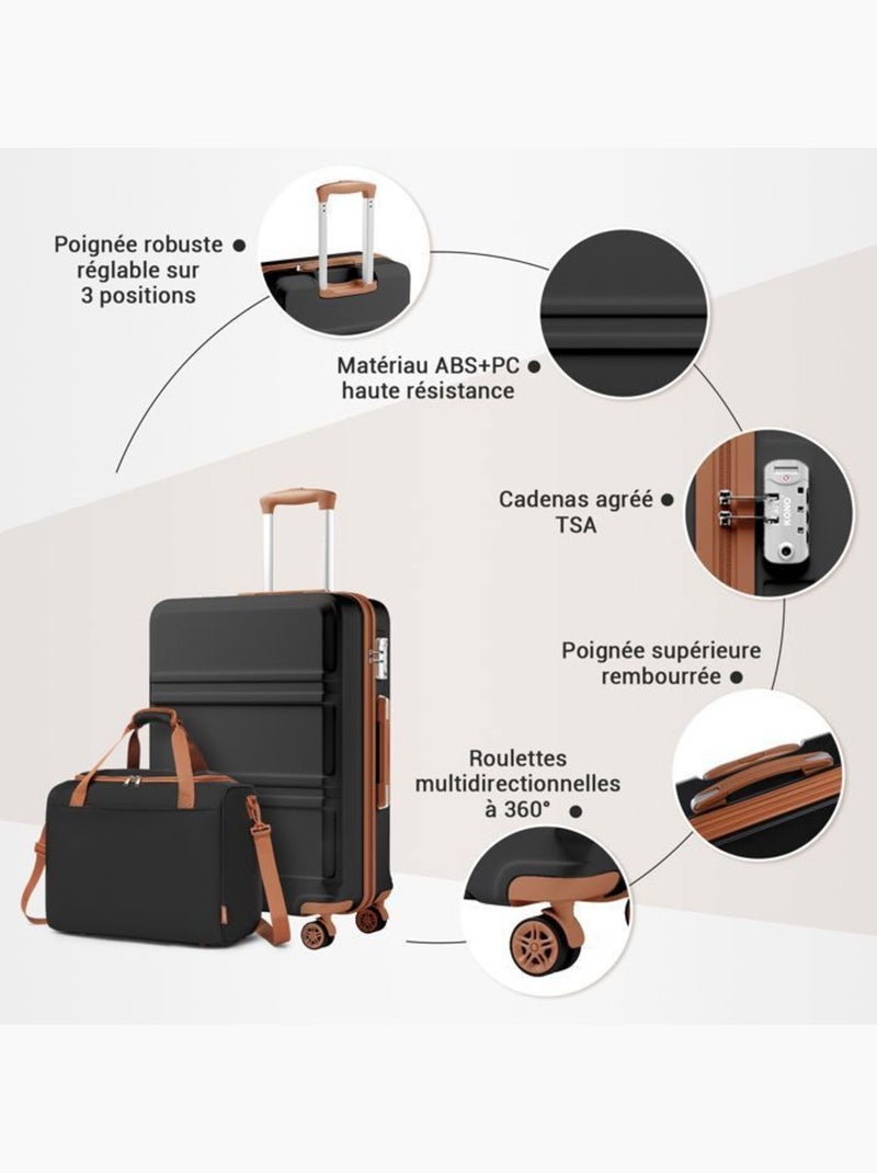 Set de 2 valises - 55x38x20 cm, rigide abs + pc, 4 roues 360°, serrure tsa - kono Noir - Kiabi