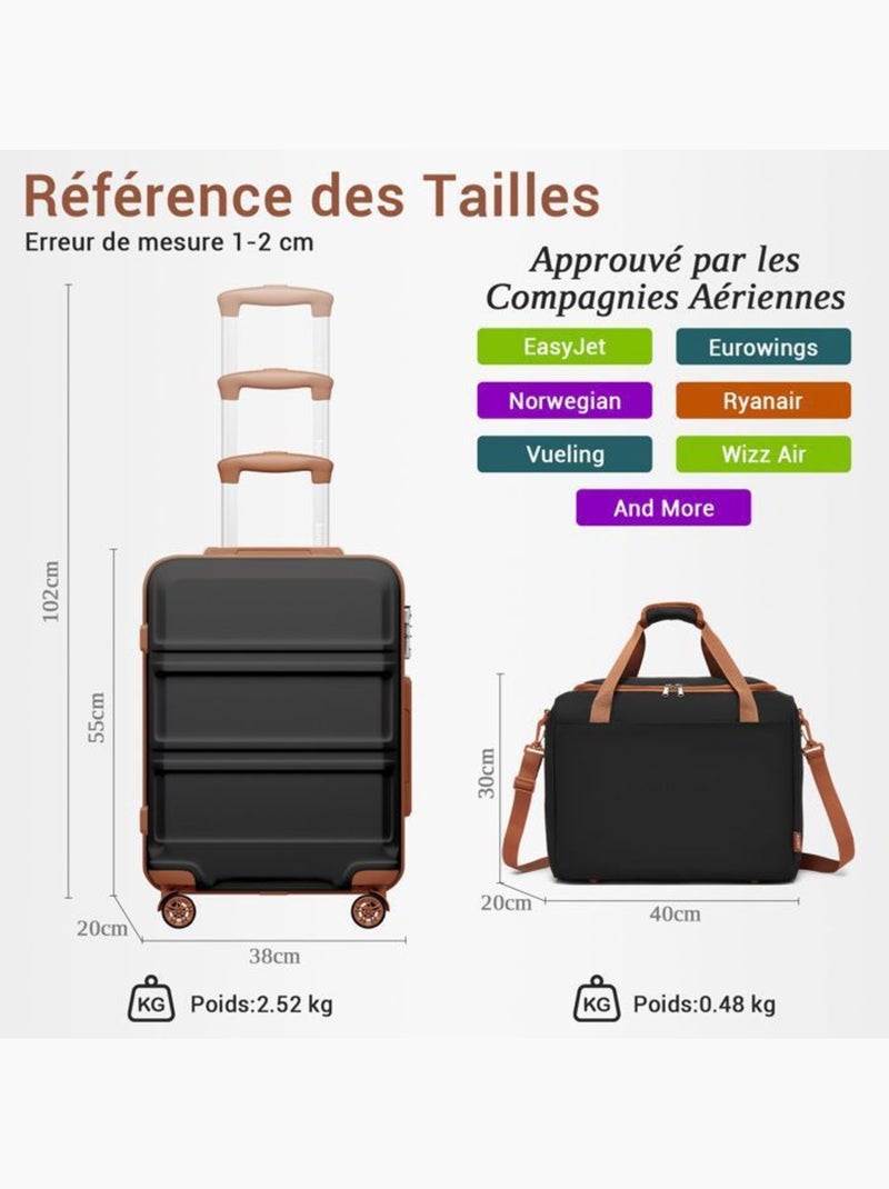 Set de 2 valises - 55x38x20 cm, rigide abs + pc, 4 roues 360°, serrure tsa - kono Noir - Kiabi