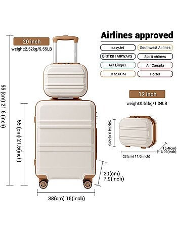 Set de 2 valises - 55x38x20 cm, rigide abs + pc, 4 roues, serrure tsa - kono