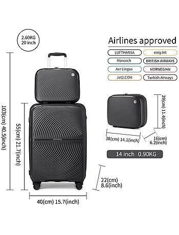 Set de 2 valises - 55x40x22 cm rigide 4 roulettes serrure tsa - british traveller