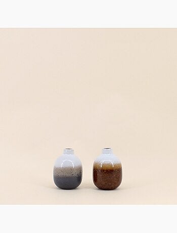 Set de 2 vases en céramique émaillée gris, marron, H10cm