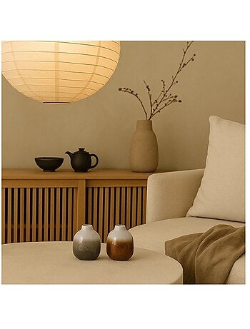 Set de 2 vases en céramique émaillée gris, marron, H10cm