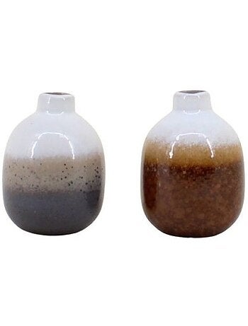 Set de 2 vases en céramique émaillée gris, marron, H10cm