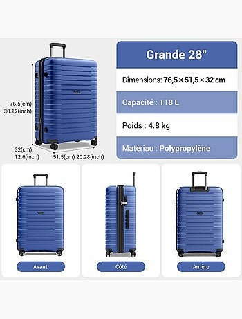 Set de 3 bagages - rigide, 4 roulettes, serrure tsa - kono