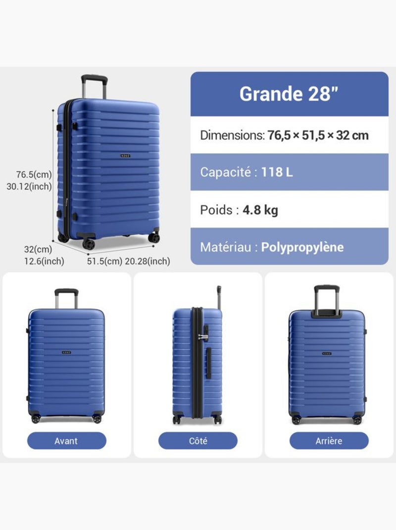 Set de 3 bagages - rigide, 4 roulettes, serrure tsa - kono Bleu marine - Kiabi