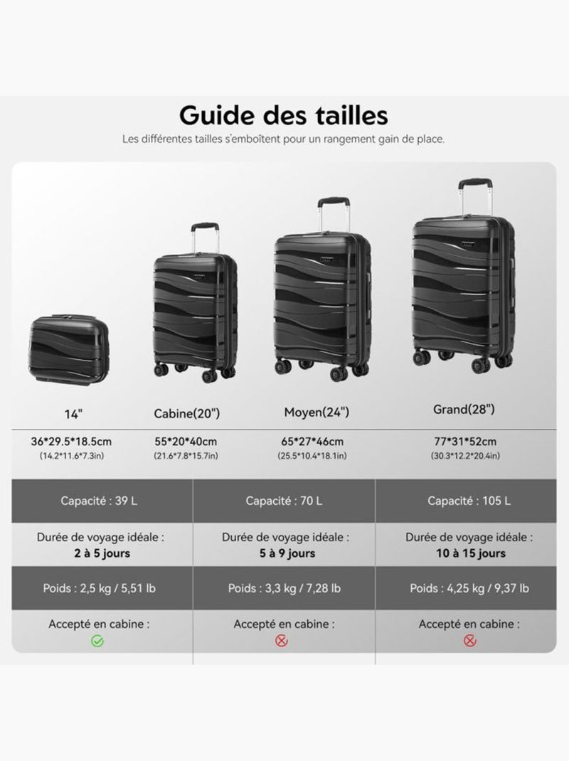 Set de 3 bagages - rigide, polypropylène, 4 roulettes, serrure tsa - kono Noir - Kiabi