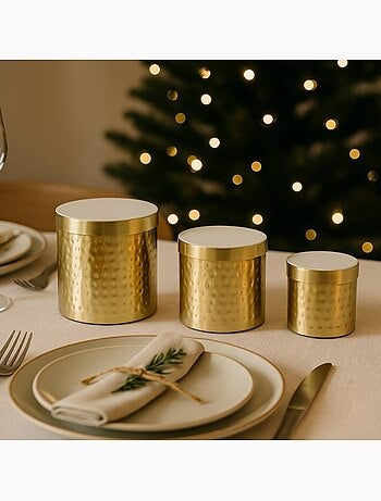 Set de 3 boites rondes en métal doré martelé