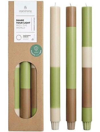 Set de 3 bougies rayées beige, camel, vert 30cm