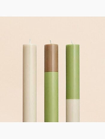Set de 3 bougies rayées beige, camel, vert 30cm
