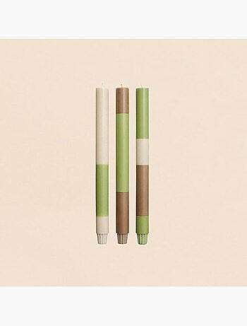 Set de 3 bougies rayées beige, camel, vert 30cm