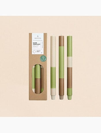 Set de 3 bougies rayées beige, camel, vert 30cm