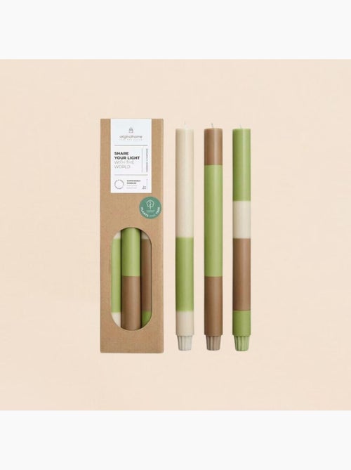 Set de 3 bougies rayées beige, camel, vert 30cm - Kiabi