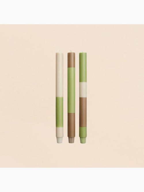 Set de 3 bougies rayées beige, camel, vert 30cm - Kiabi