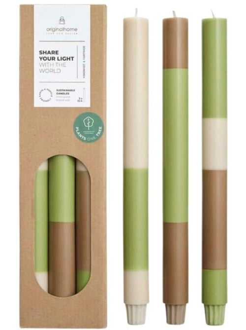 Set de 3 bougies rayées beige, camel, vert 30cm - Kiabi