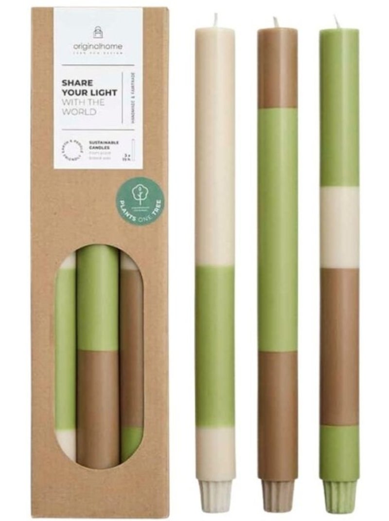 Set de 3 bougies rayées beige, camel, vert 30cm Beige - Kiabi