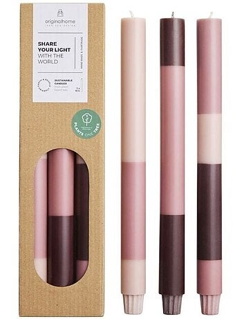 Set de 3 bougies rayées rose parme / violet 30cm
