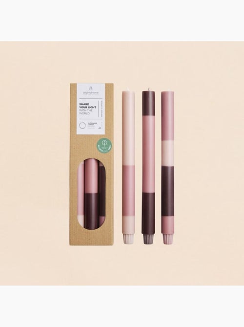 Set de 3 bougies rayées rose parme / violet 30cm - Kiabi