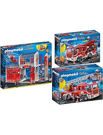 Set de 3 : caserne de pompiers + camion à échelle + véhicule de secours