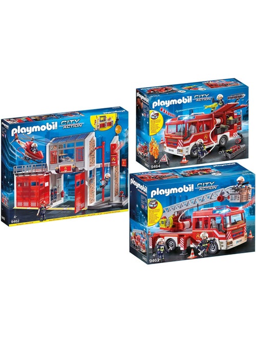 Set de 3 : caserne de pompiers + camion à échelle + véhicule de secours - Kiabi