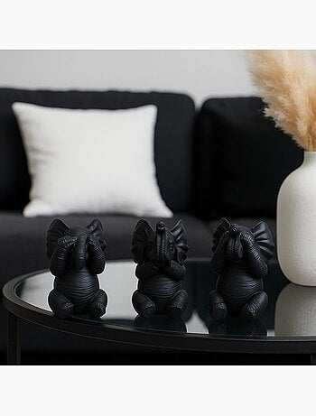 Set de 3 éléphants de la sagesse en résine noire