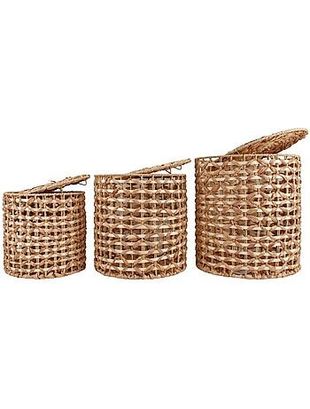 Set de 3 paniers à couvercle en jacinthe d'eau tressée