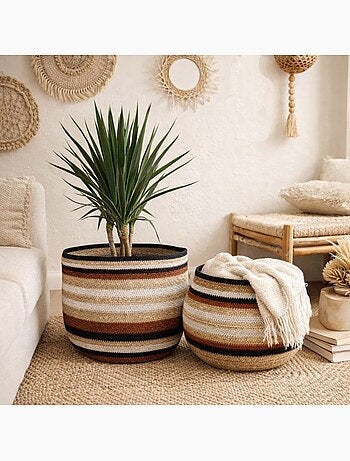 Set de 3 paniers bas rayés en herbes marines marron et beige