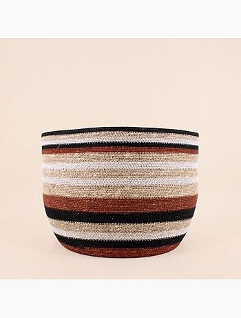Set de 3 paniers bas rayés en herbes marines marron et beige
