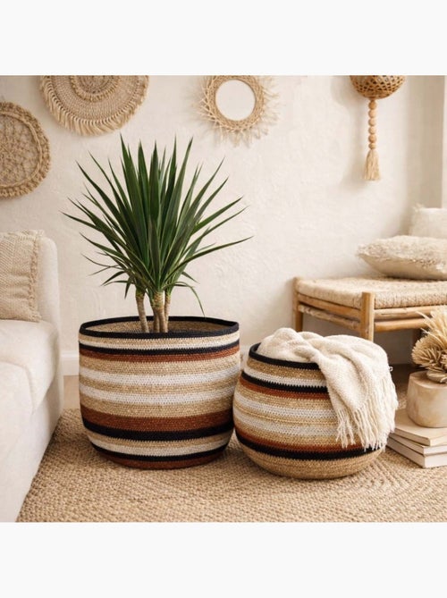 Set de 3 paniers bas rayés en herbes marines marron et beige - Kiabi