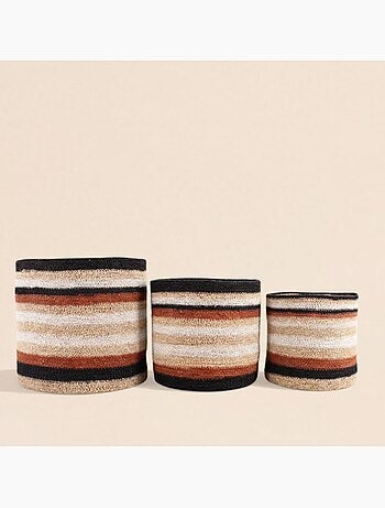 Set de 3 paniers rayé beige, marron en herbes marines
