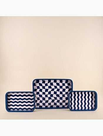Set de 3 plateaux damiers et rayures bleu et blanc