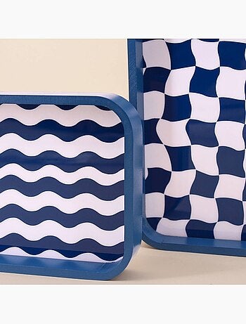 Set de 3 plateaux damiers et rayures bleu et blanc