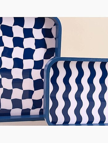Set de 3 plateaux damiers et rayures bleu et blanc