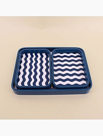 Set de 3 plateaux damiers et rayures bleu et blanc