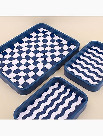 Set de 3 plateaux damiers et rayures bleu et blanc