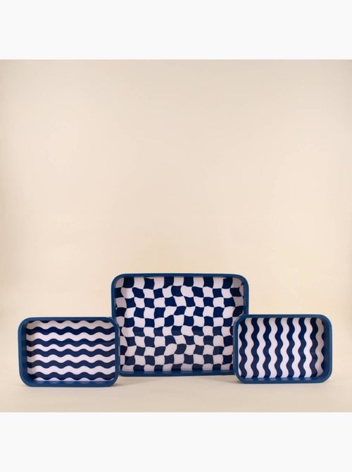 Set de 3 plateaux damiers et rayures bleu et blanc - Kiabi