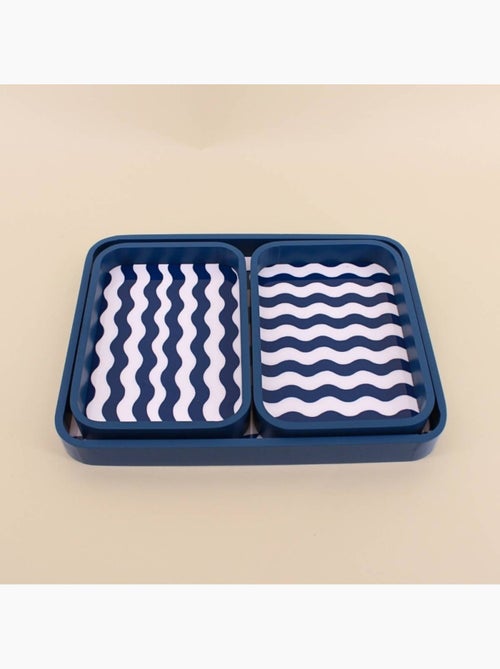 Set de 3 plateaux damiers et rayures bleu et blanc - Kiabi