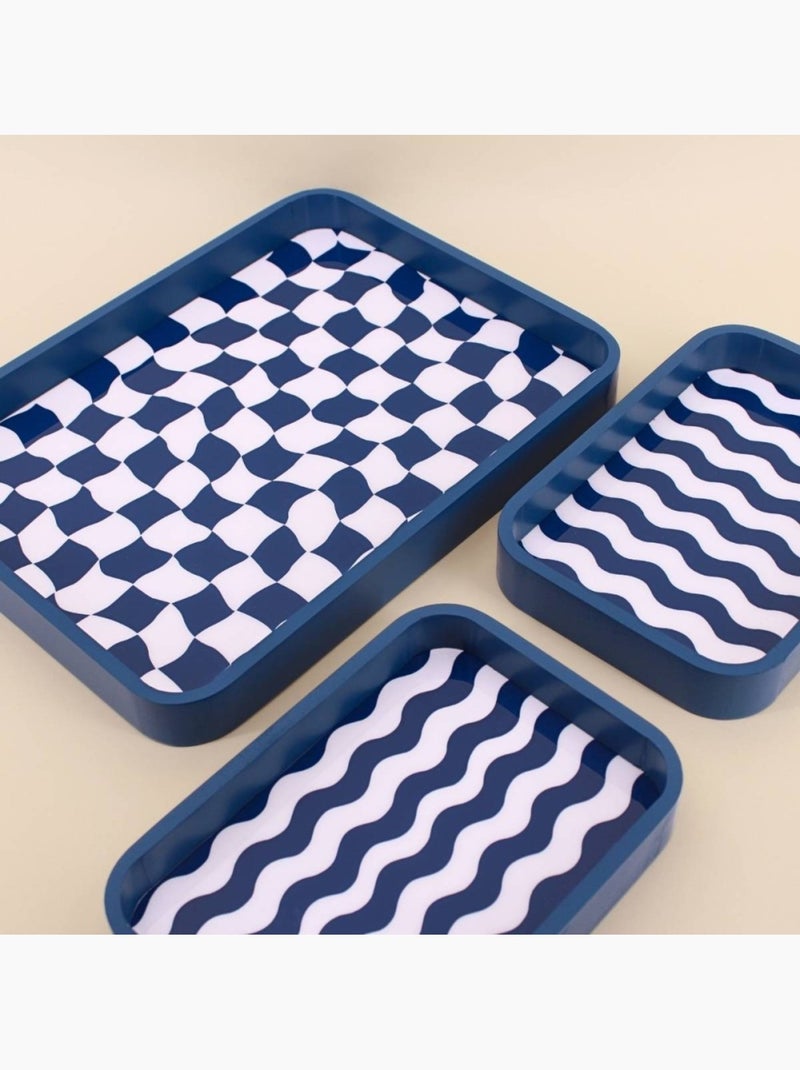 Set de 3 plateaux damiers et rayures bleu et blanc Bleu - Kiabi