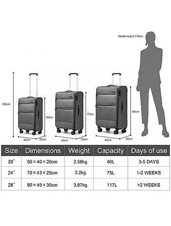 Set de 3 valises - 50/70/80 cm, souple, extensible, 4 roues, serrure tsa - british traveller