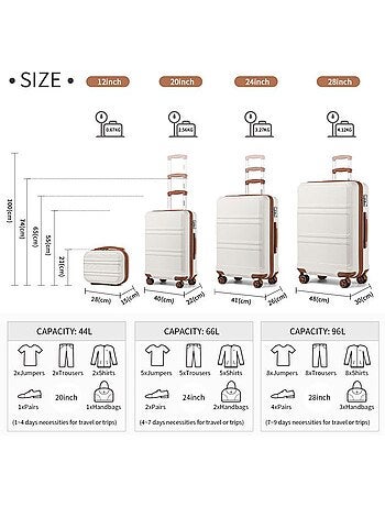 Set de 3 valises - 51.5/65/75 cm abs+pc 4 roulettes serrure tsa - kono