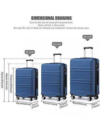 Set de 3 valises - 51.5/65/75 cm, rigide abs, 4 roues, serrure tsa - kono