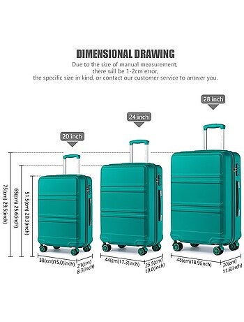 Set de 3 valises - 51.5/65/75 cm, rigide abs + pc, 4 roues 360°, serrure tsa - kono