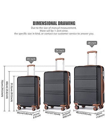 Set de 3 valises - 51.5/65/75 cm, rigide abs + pc, 4 roues 360°, serrure tsa - kono