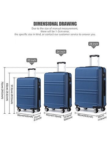 Set de 3 valises - 51/65/75 cm, rigide abs, 4 roues 360°, serrure tsa - kono