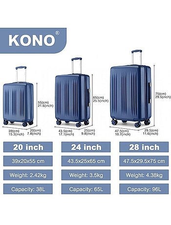 Set de 3 valises - 55/65/75 cm abs 4 roulettes serrure tsa - kono