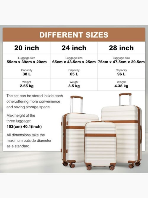 Set de 3 valises - 55/65/75 cm abs+pc 4 roulettes serrure tsa - kono - Kiabi